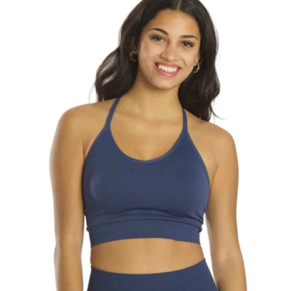 Spiritual Gangster Icon T-Back Sports Bra Ribbed Knit Navy Blue Size XS/S